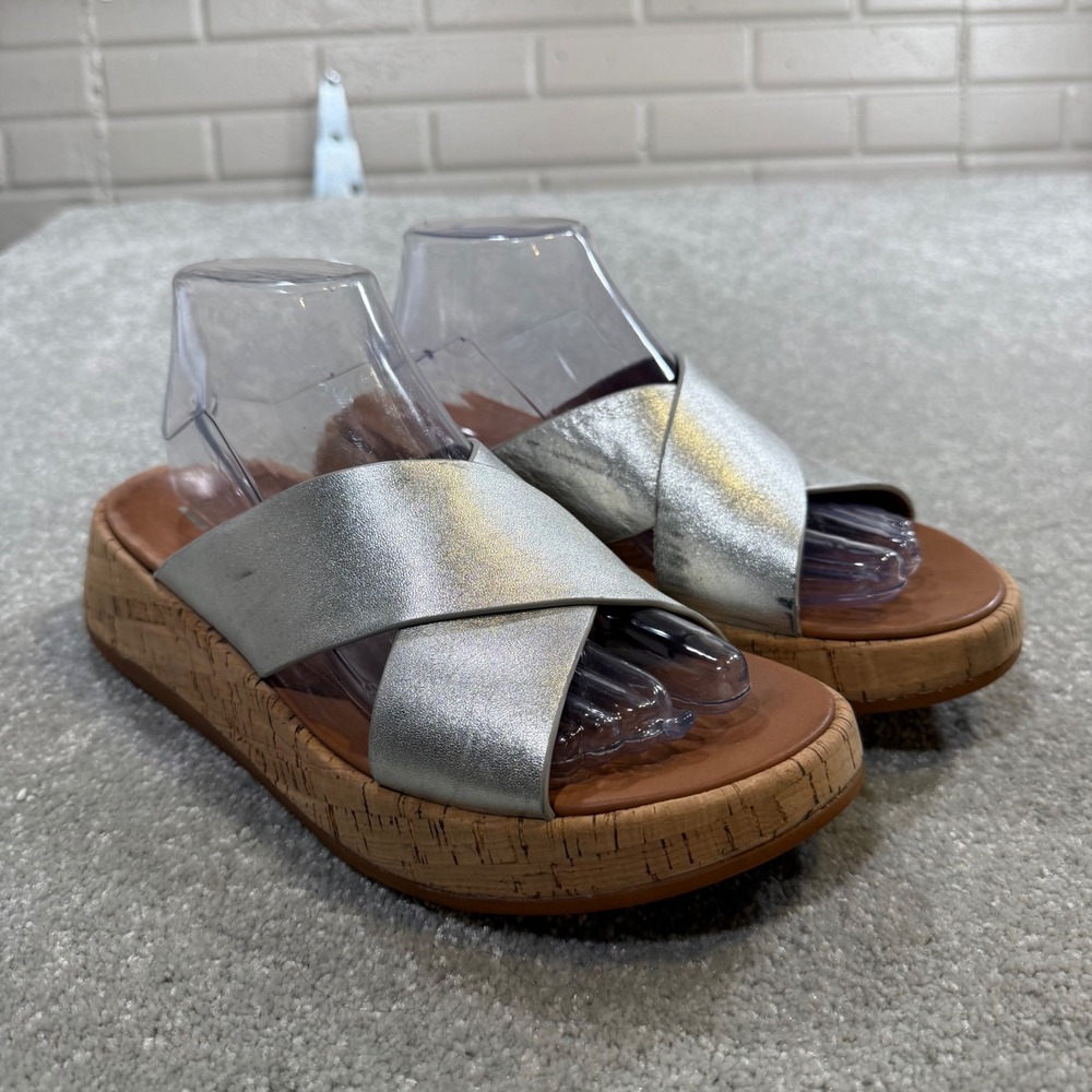 FitFlop Lulu Metallic Silver Leather Cork Platform Wedge Slide Sandals Sz 8 Boho